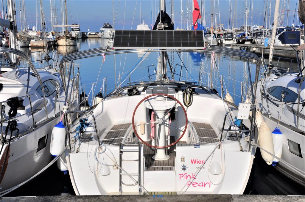 Cockpit of Jeanneau Sun Odyssey 37 Pink Pearl for charter in Izola in Slovenia